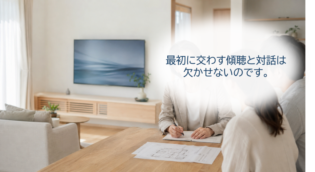 図面を囲みながら住まいの打ち合わせをする様子