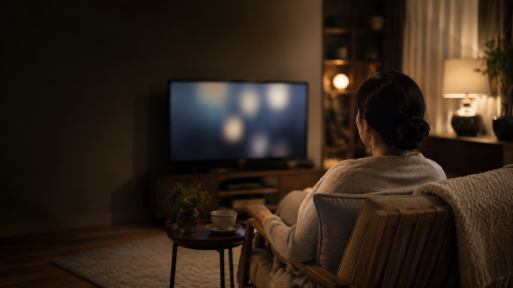 落ち着いたリビングで、女性がテレビドラマをゆっくり観ている夜の時間