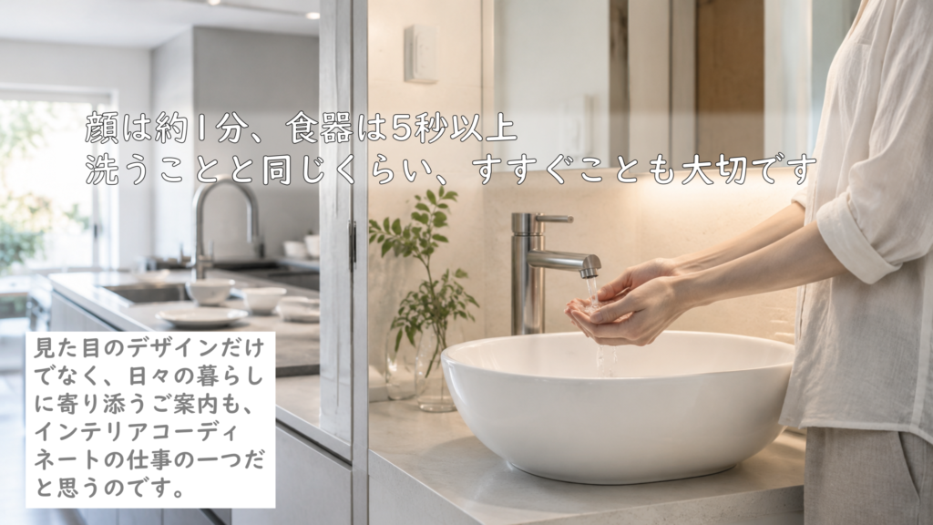 洗面で手のひらに水を受けてすすぐ人と、奥に見える明るく清潔なキッチン